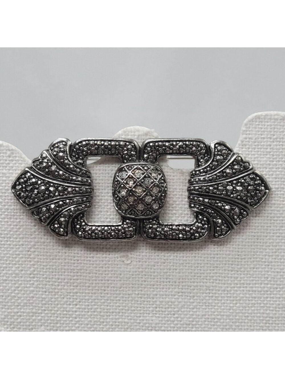 Vtg Rhinestone Brooch Pin  Art Deco victorian Revival Silver Tone 3" Ornate Meta